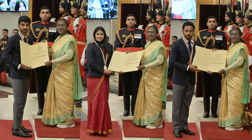 Manu Bhaker, Gukesh D among four athletes receive Khel Ratna award from President Droupadi Murmu | WATCH